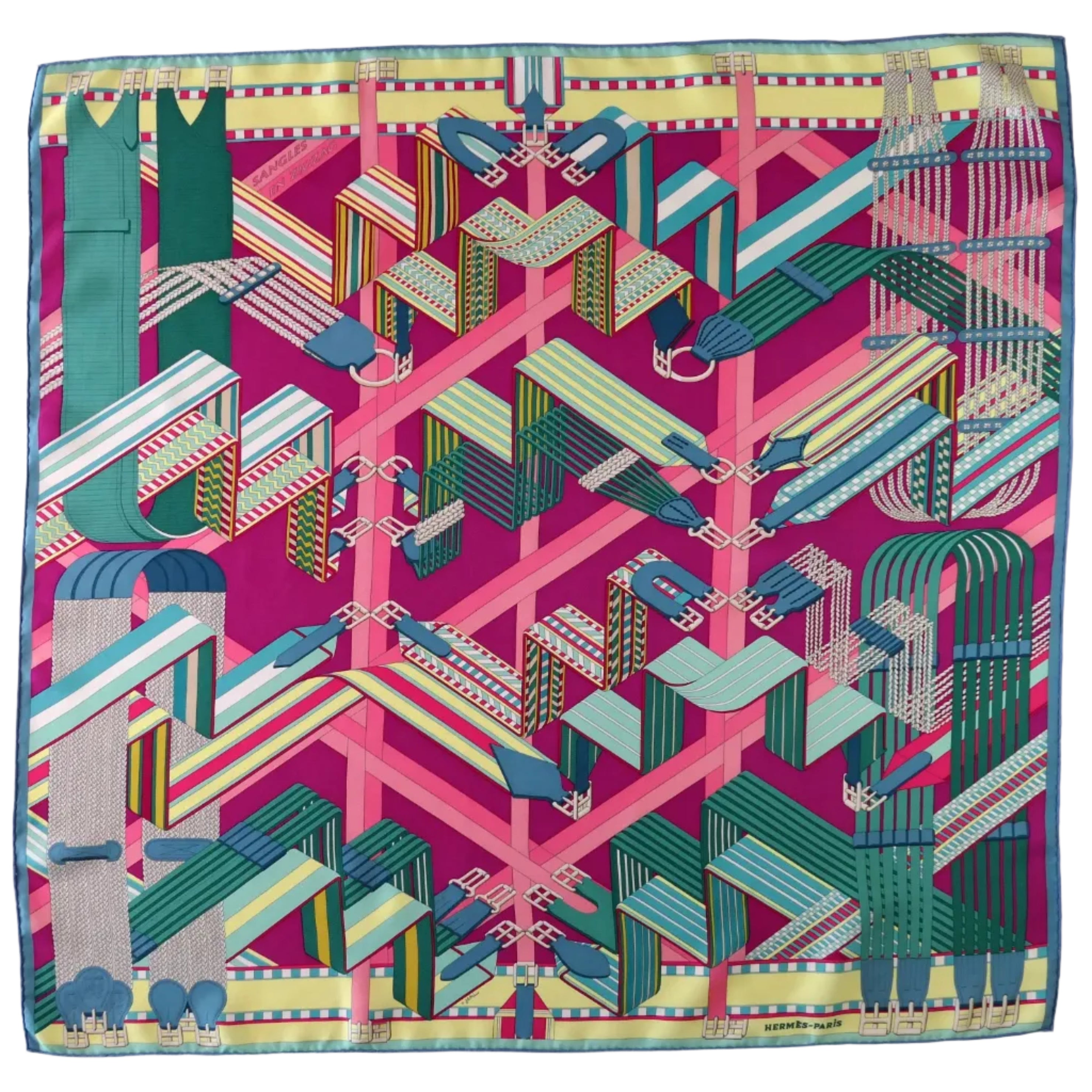 Carré Hermès Sangles en zigzag Virginie Jamin 90 cm soie, vue d'ensemble fuchsia turquoise