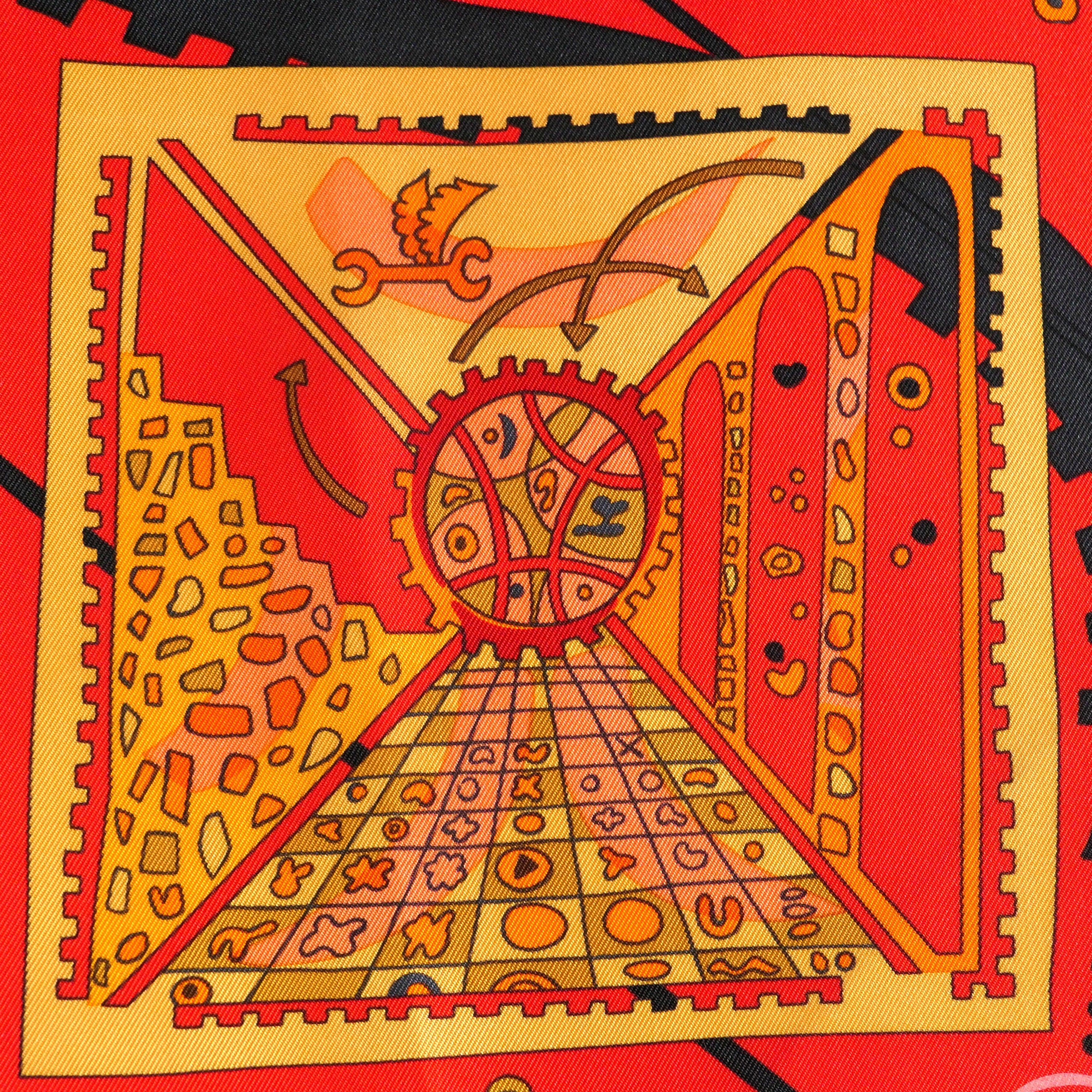 Carré Hermès La Mécanique des Idées 90 cm soie, détail composition rouge noir