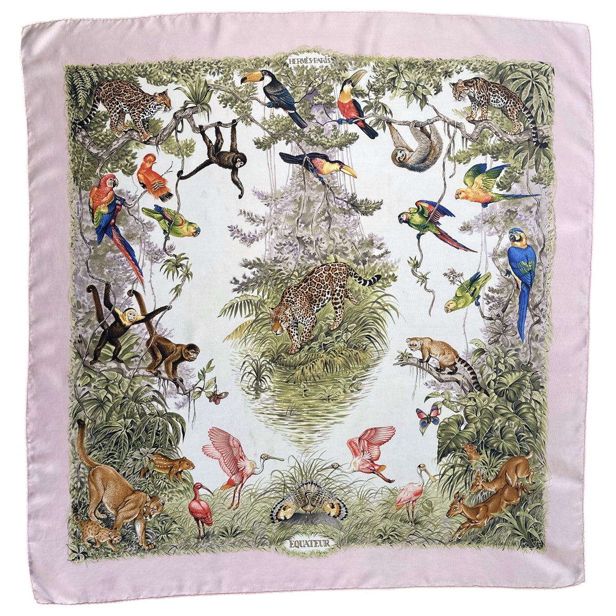 Carré Hermès Équateur de Robert Dallet, 90 cm en soie : vue d'ensemble, fond ivoire et bordure rose