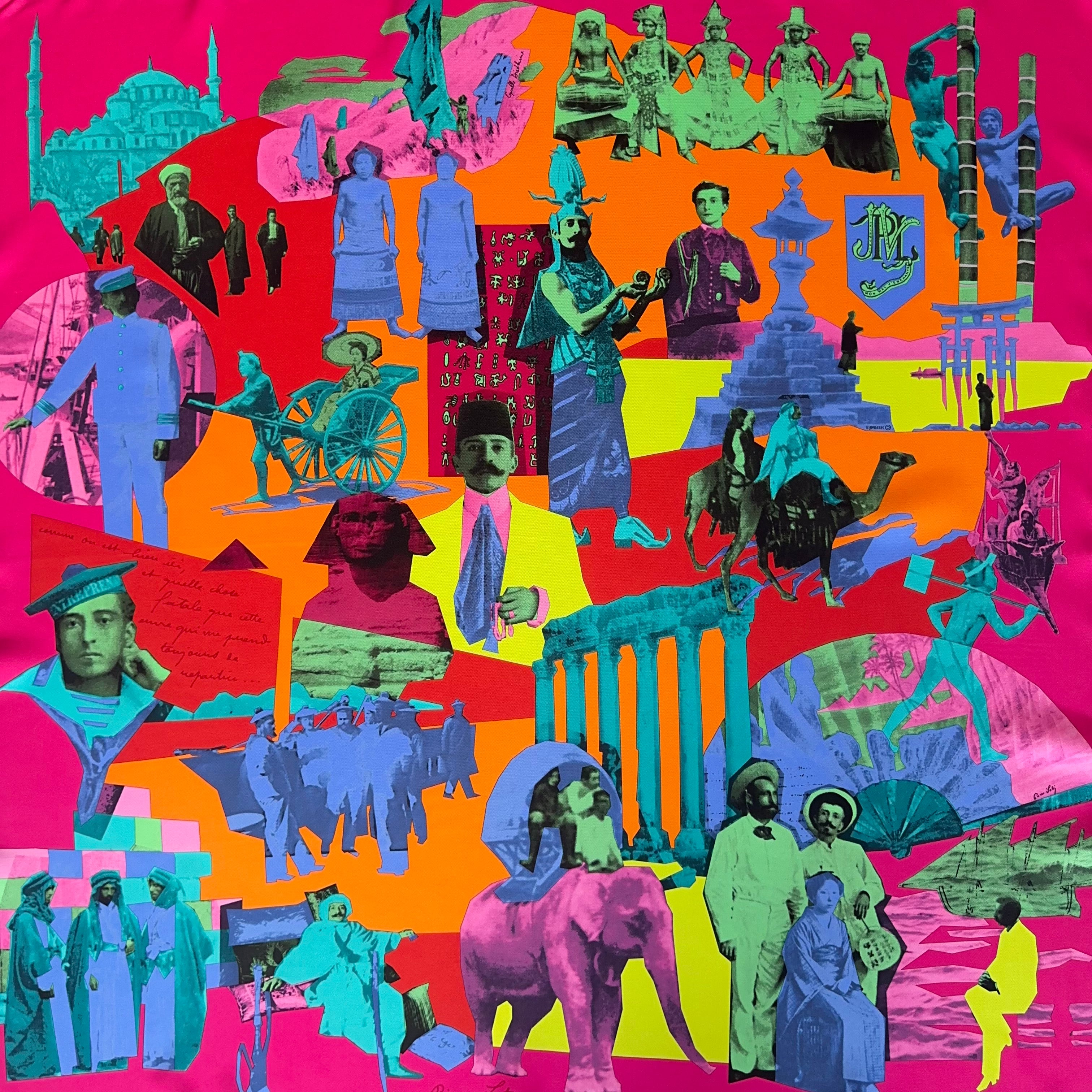 Zoom sur la partie centrale du foulard montrant le style photomontage coloré : silhouettes bleues, oranges et vertes évoquant l'orientalisme et les voyages de l'écrivain.