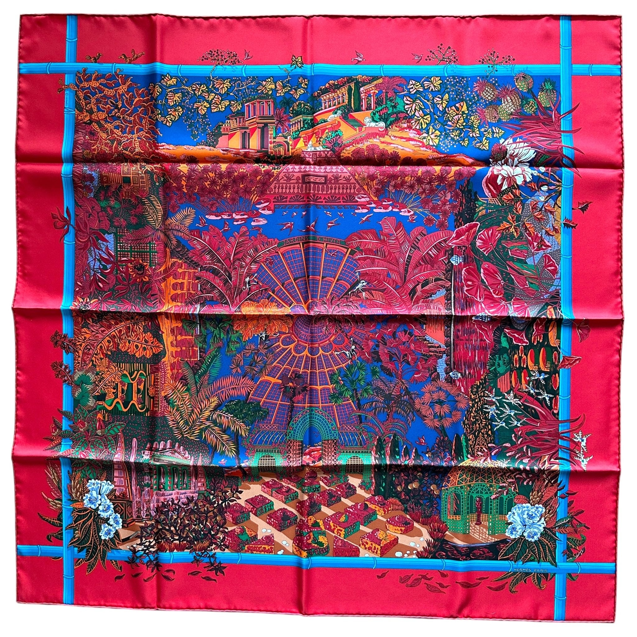 foulard carre hermes jardins d hiver rouge bleu et orange