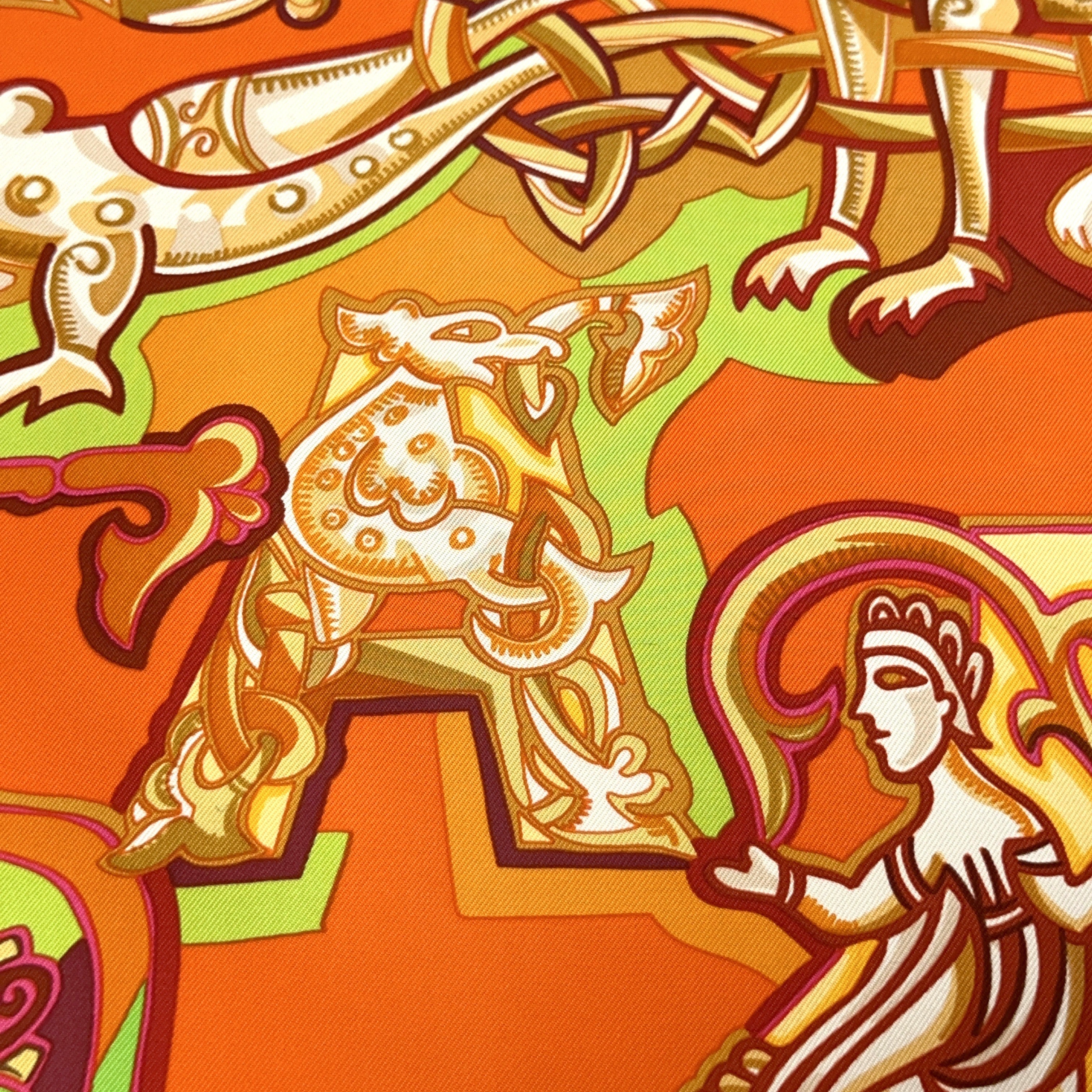 Carré Hermès Alphabet Russe d'Evgenia Miroshnichenko, 90 cm soie, détail figure mythologique slave