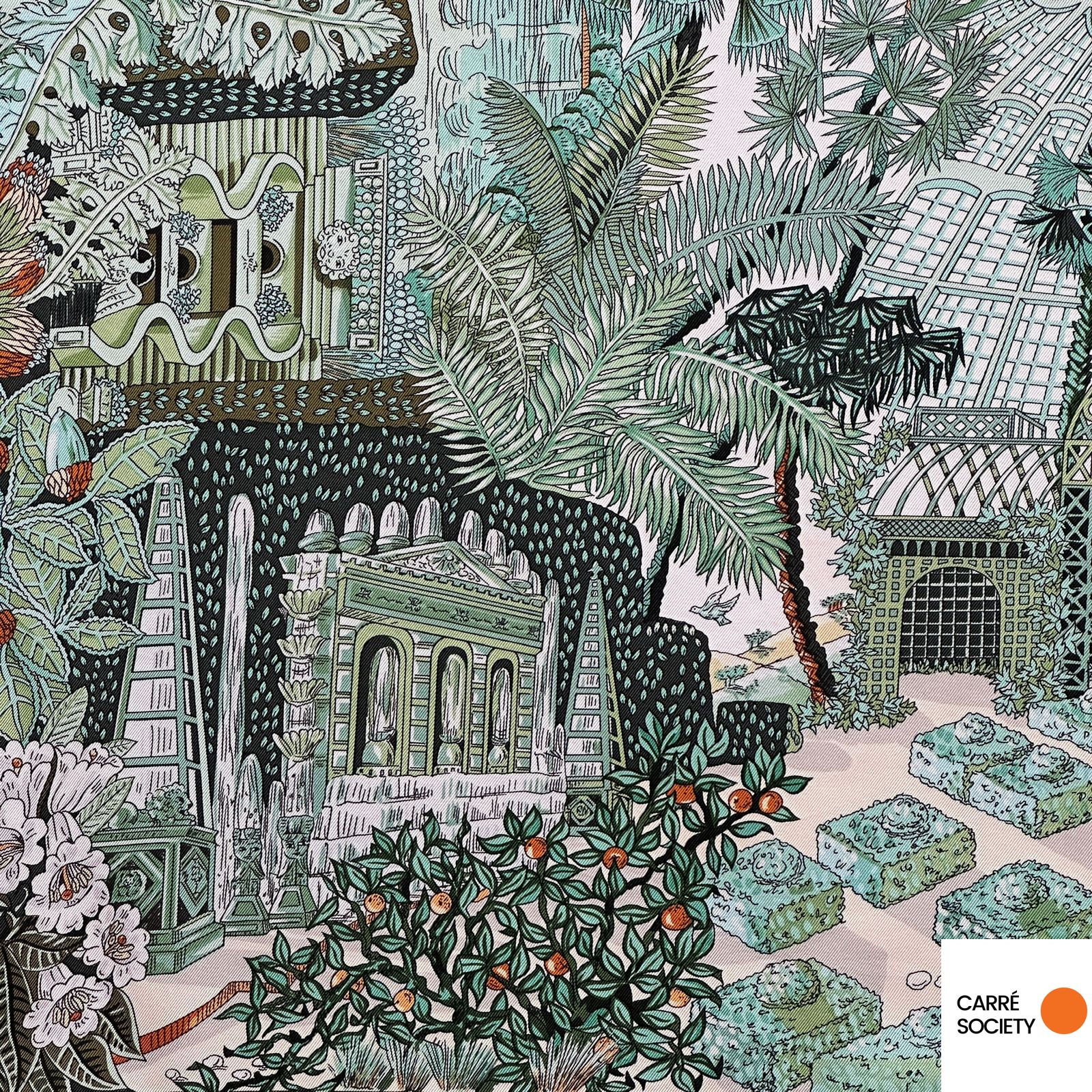 foulard Jardin d'Hiver Hermès d'Annie Faivre, montrant un pavillon et des oiseaux.