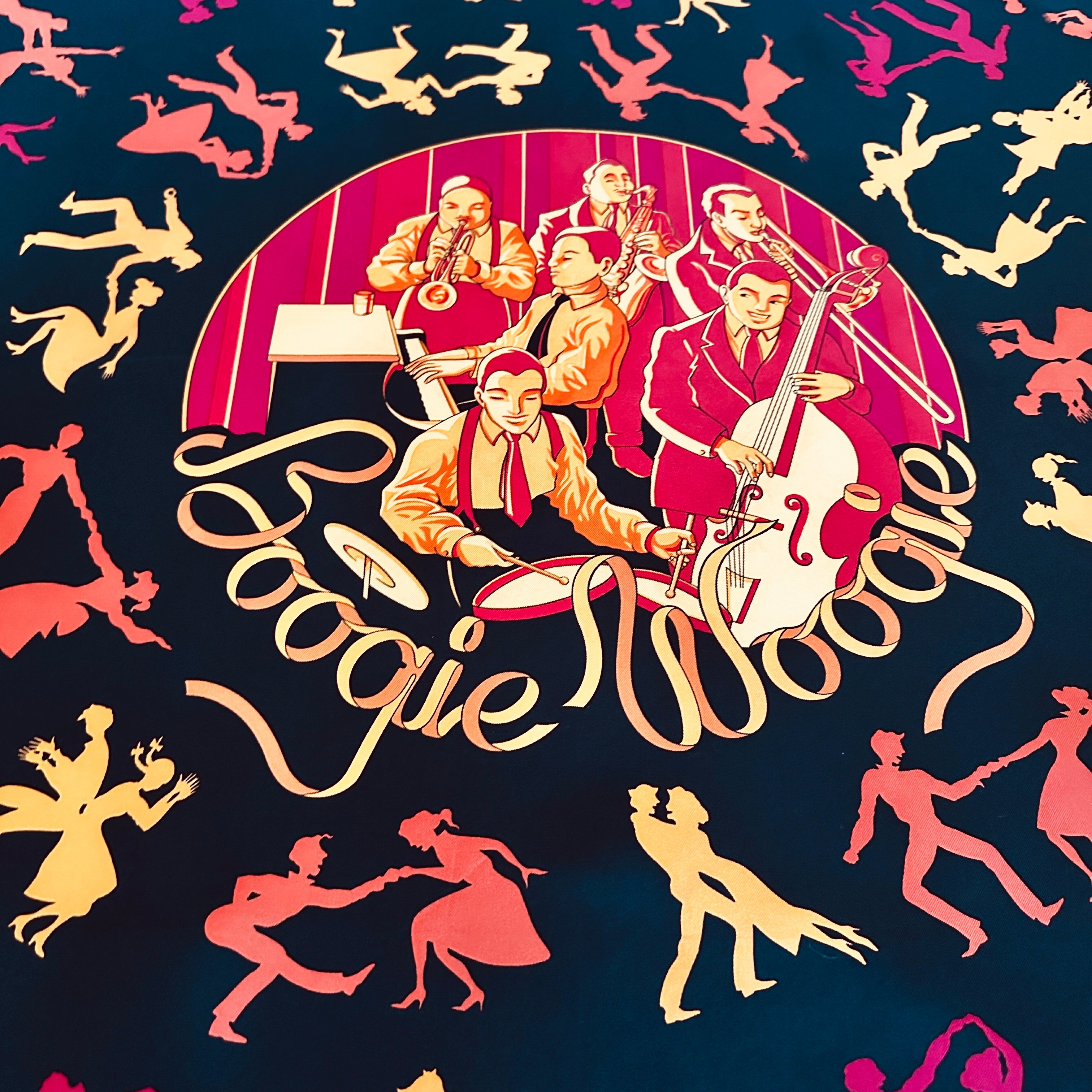 Médaillon central orchestre de jazz et contrebassiste sur foulard Hermès