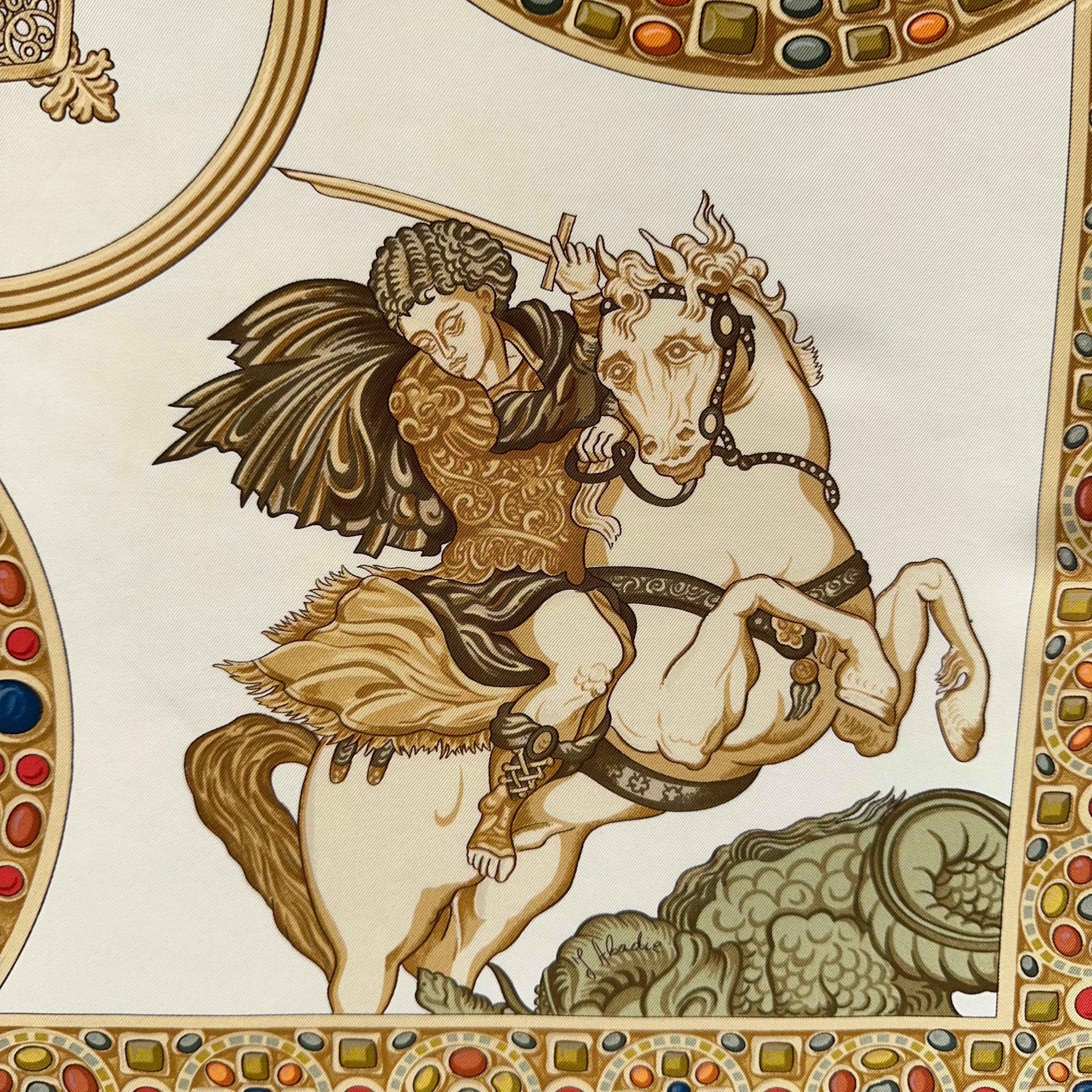 Détail du coin supérieur droit : Le Paladin (Saint Georges) sur son cheval blanc cabré, s'apprêtant à frapper le dragon vert.