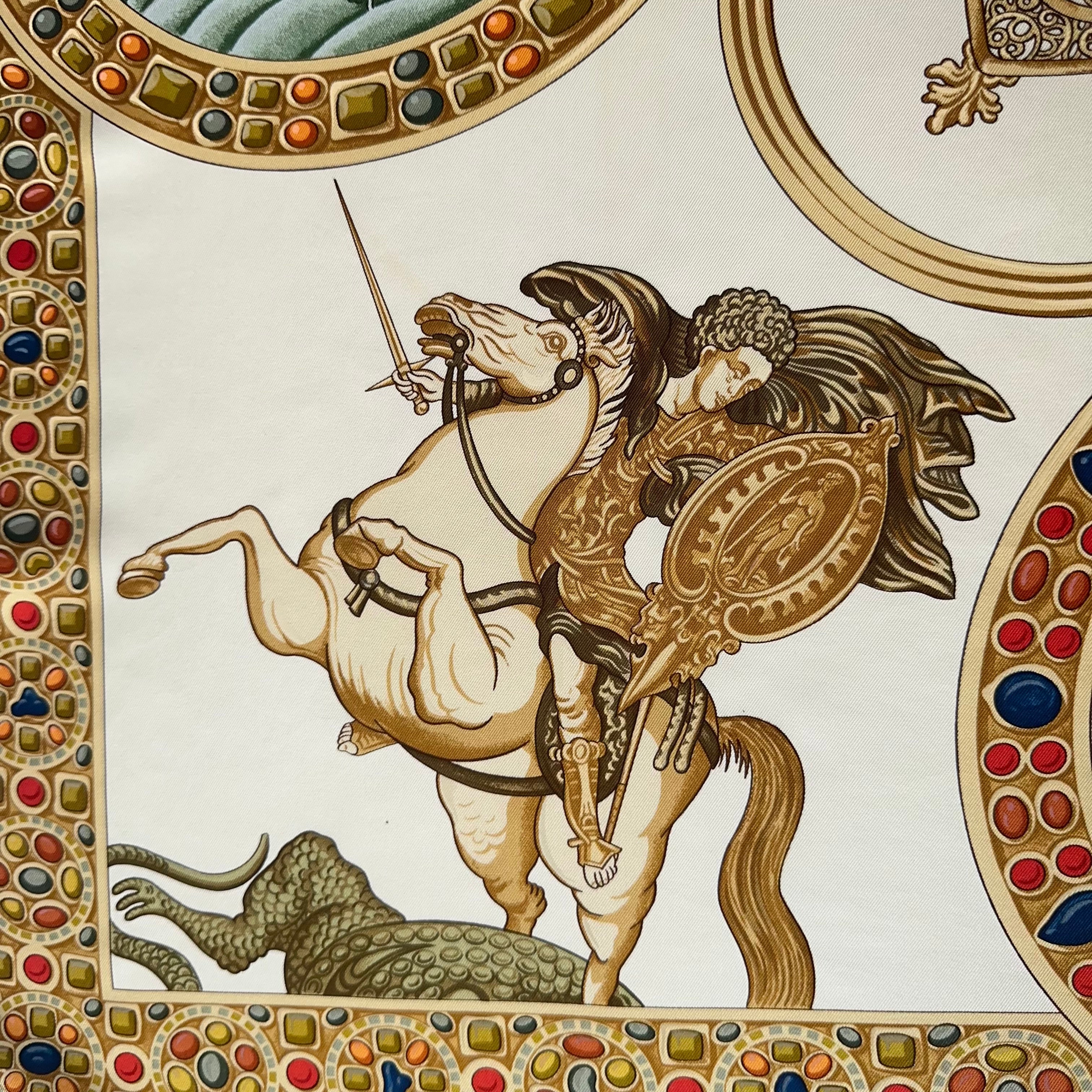 Détail du coin inférieur gauche : Scène dynamique du chevalier combattant le dragon, mise en valeur par la qualité du dessin de Julie Abadie.