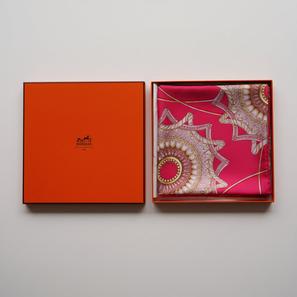 Foulard Hermès Les Dômes Célestes présenté neuf dans sa boîte orange d'origine, plié, confirmant le statut d'état exceptionnel.