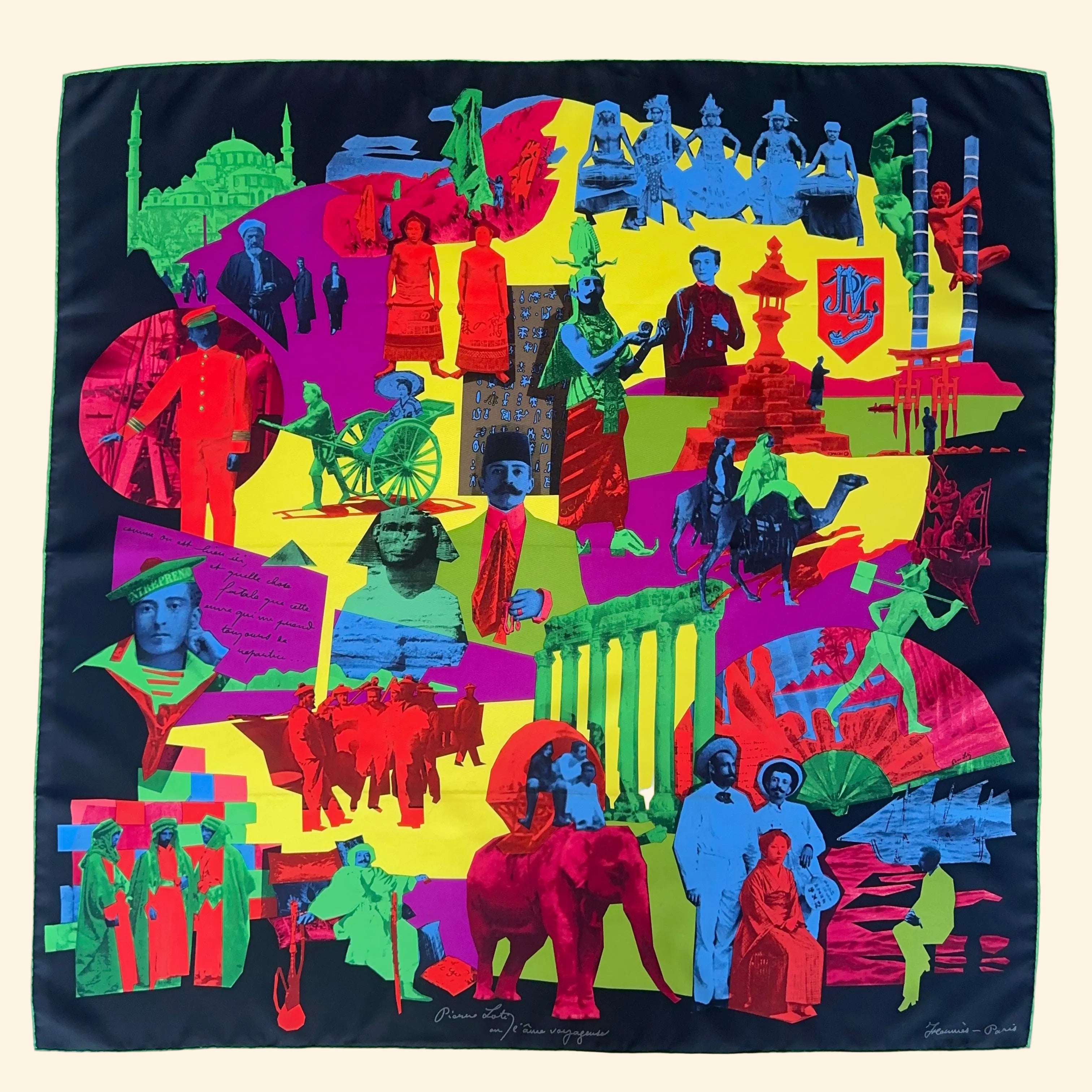 Carré Hermès "Pierre Loti ou l’âme voyageuse" (2009) sur fond noir profond. Design Pop-Art par Cyrille Diatkine avec des motifs collage aux couleurs néon (rose, bleu, jaune) contrastantes.