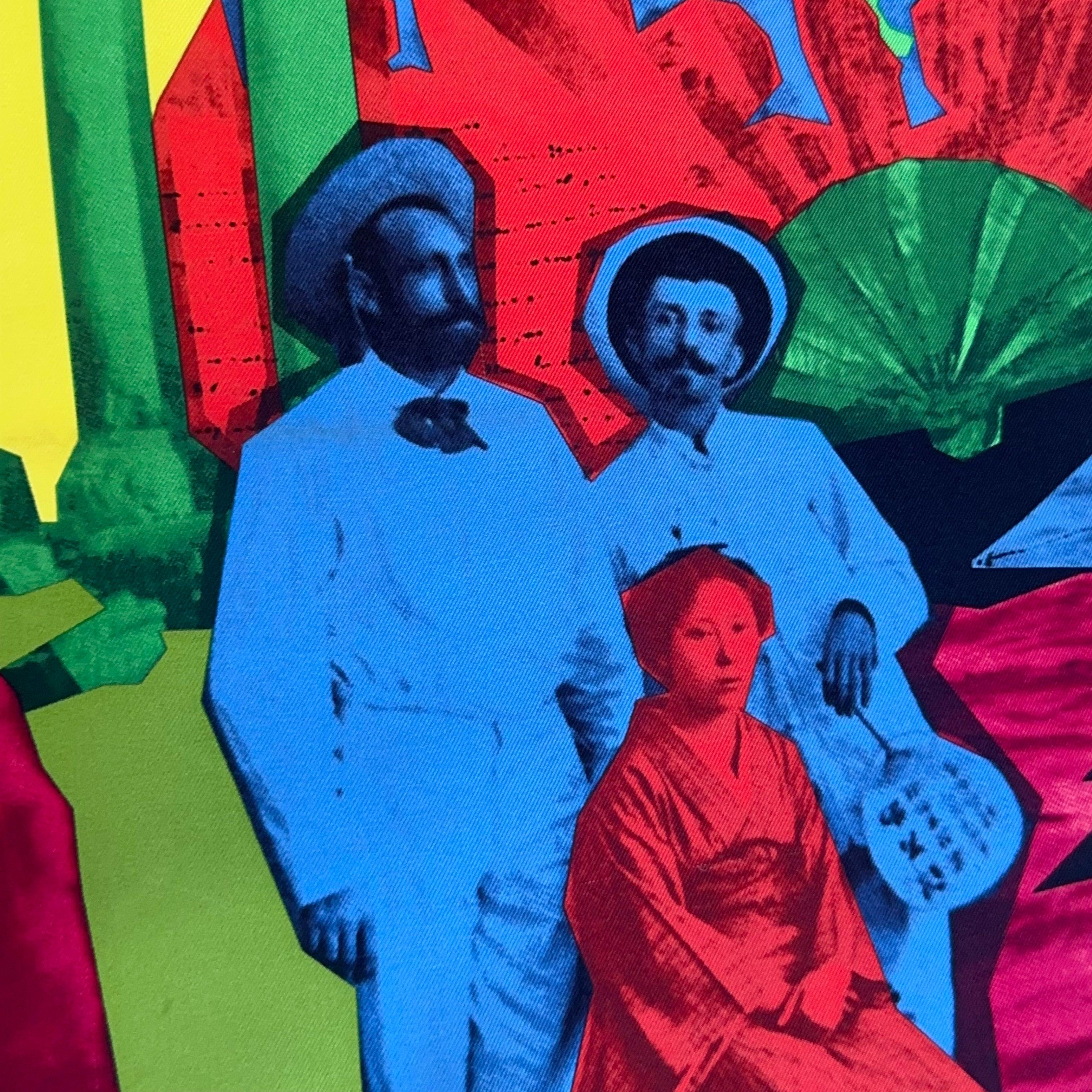 "photomontage" de Cyrille Diatkine, illustrant les voyages de Pierre Loti (Turquie, Japon, Égypte) sur soie noire.