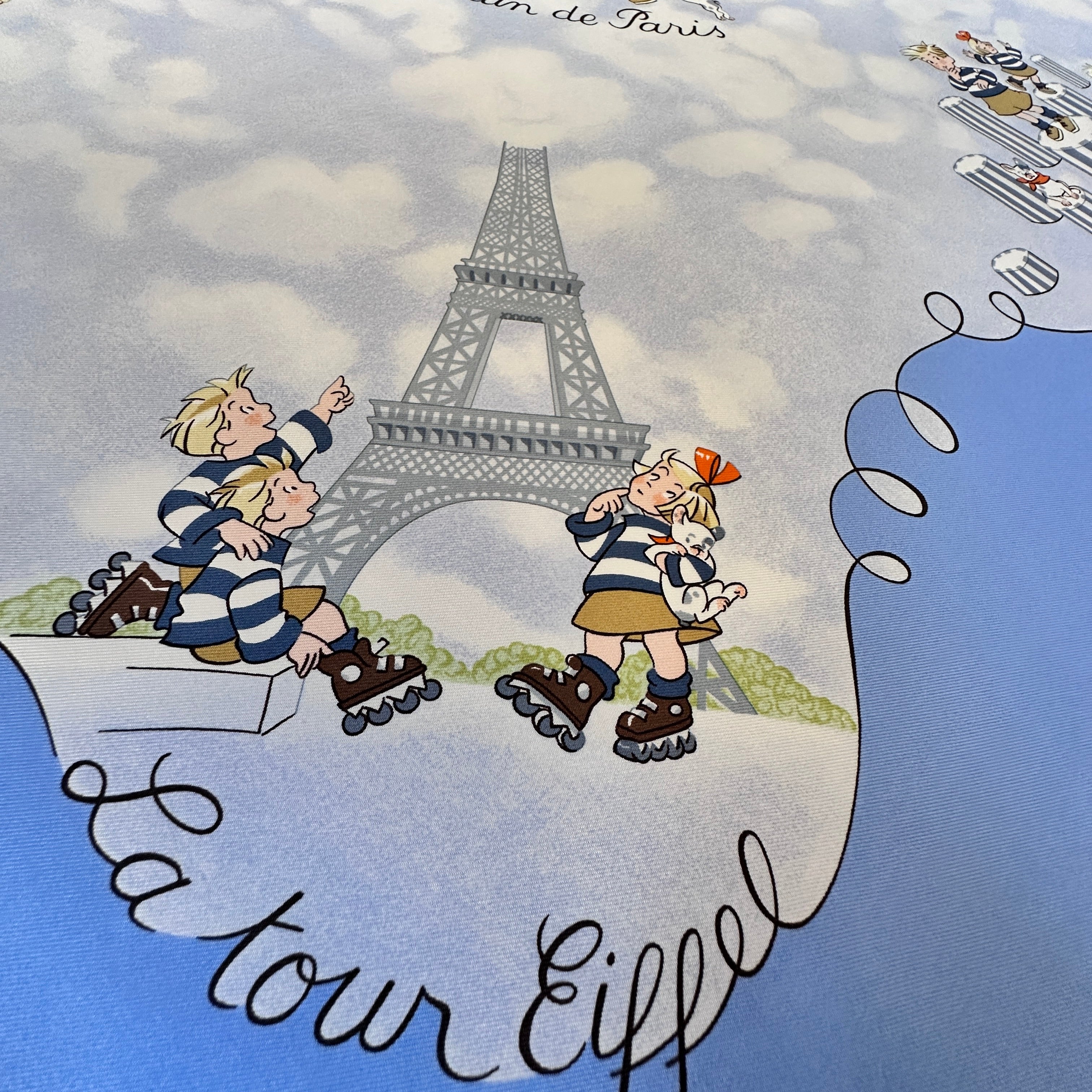 Illustration de la Tour Eiffel avec les personnages des Triplés sur soie.